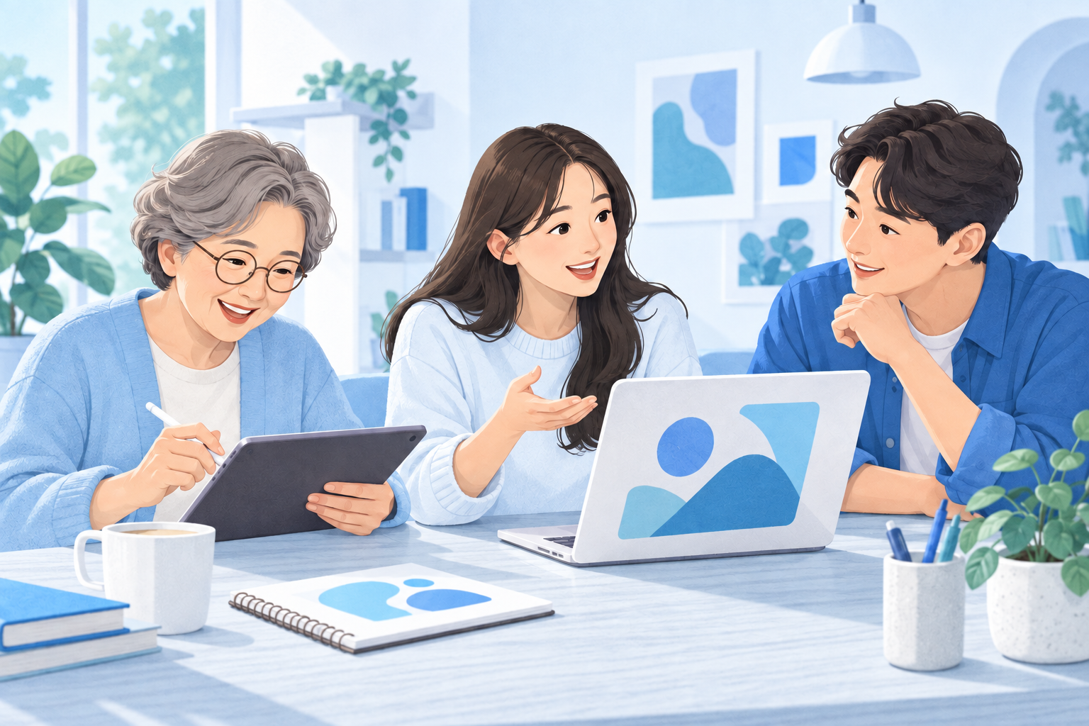 서로 다른 세대의 세 사람이 노트북과 태블릿으로 함께 배우고 아이디어를 나누는 일러스트